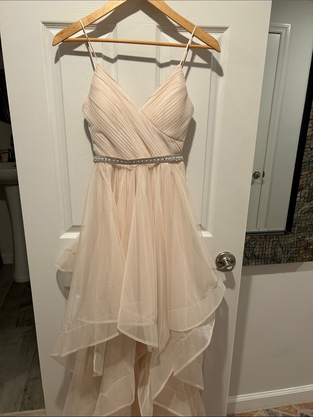 Sequin Hearts Blush Champagne Ruffled Tulle Spaghetti-Strap Dress